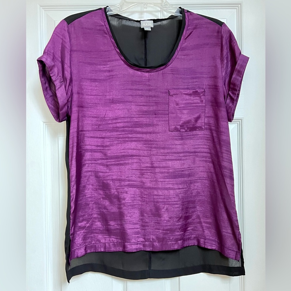 Converse One Star Purple and Black Blouse sheer back capped sleeves front pocket